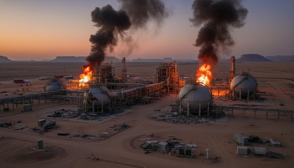 Атаки на СПГ-объекты в Катаре меняют прогноз мирового газового рынка Промышленный комплекс СПГ в пустыне на закате, из поврежденных конструкций после атаки поднимается густой дым и видны языки пламени.