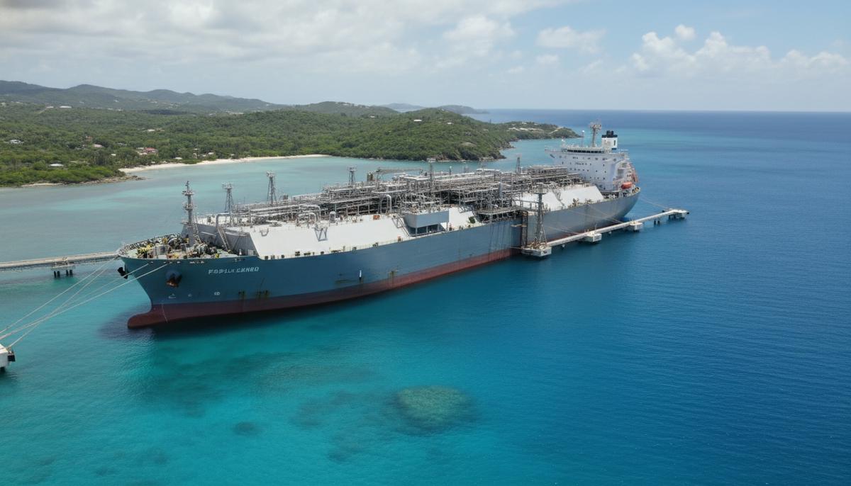 Плавучая регазификационная установка (FSRU) в порту на фоне тропического побережья Карибского моря.