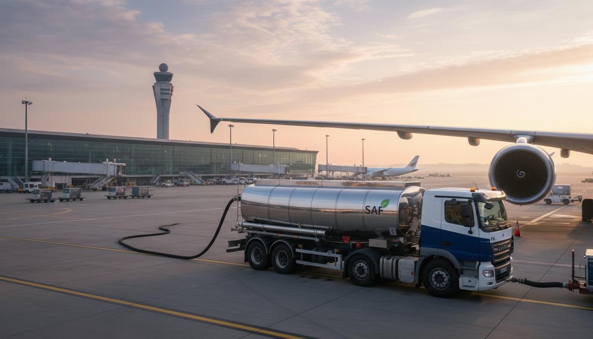 Топливозаправщик с маркировкой SAF заправляет крыло пассажирского самолета на взлетной полосе современного аэропорта.