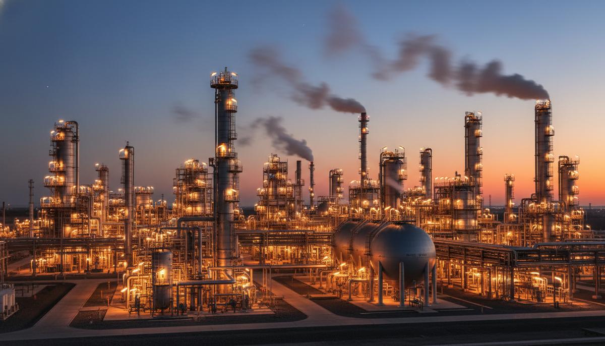Промышленный комплекс нефтехимического завода с реакторами, башнями и сложной системой трубопроводов на закате.