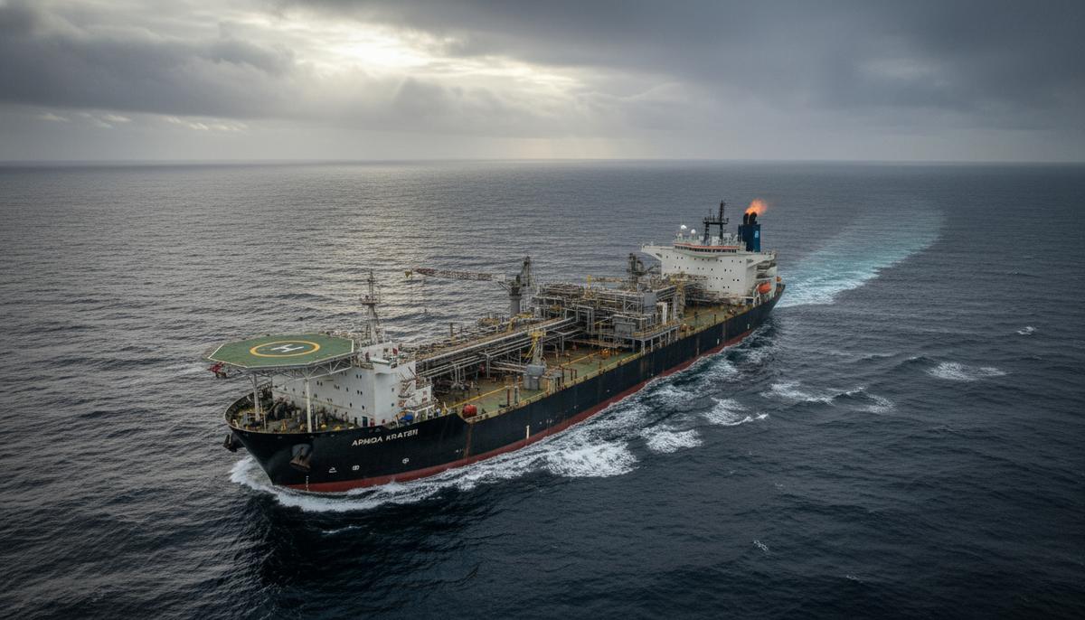 Плавучая установка для добычи, хранения и отгрузки нефти Armada Kraken с кранами и вертолетной площадкой в Северном море.