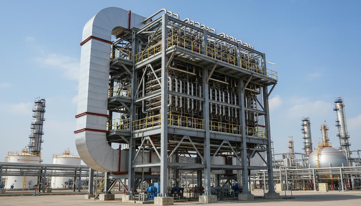 Крупный теплообменный аппарат на основе тепловых труб со сложной системой трубопроводов на территории нефтеперерабатывающего завода.