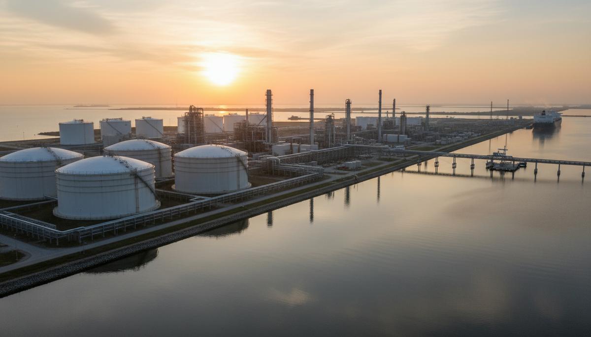 Современный завод по сжижению природного газа (СПГ) на побережье. Огромные резервуары для хранения и трубопроводы на рассвете.