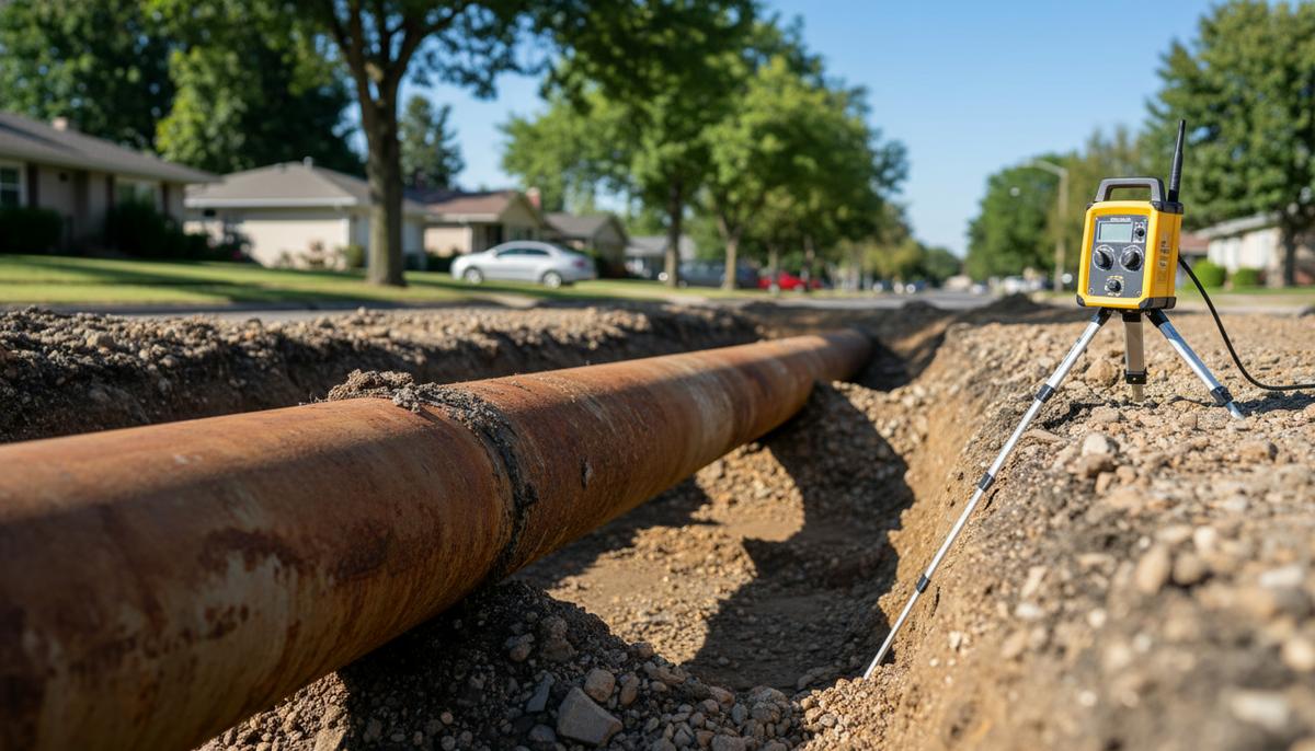 Участок старого газопровода в вырытой траншее во время ремонтных работ, рядом на земле лежит оборудование для обнаружения утечек.