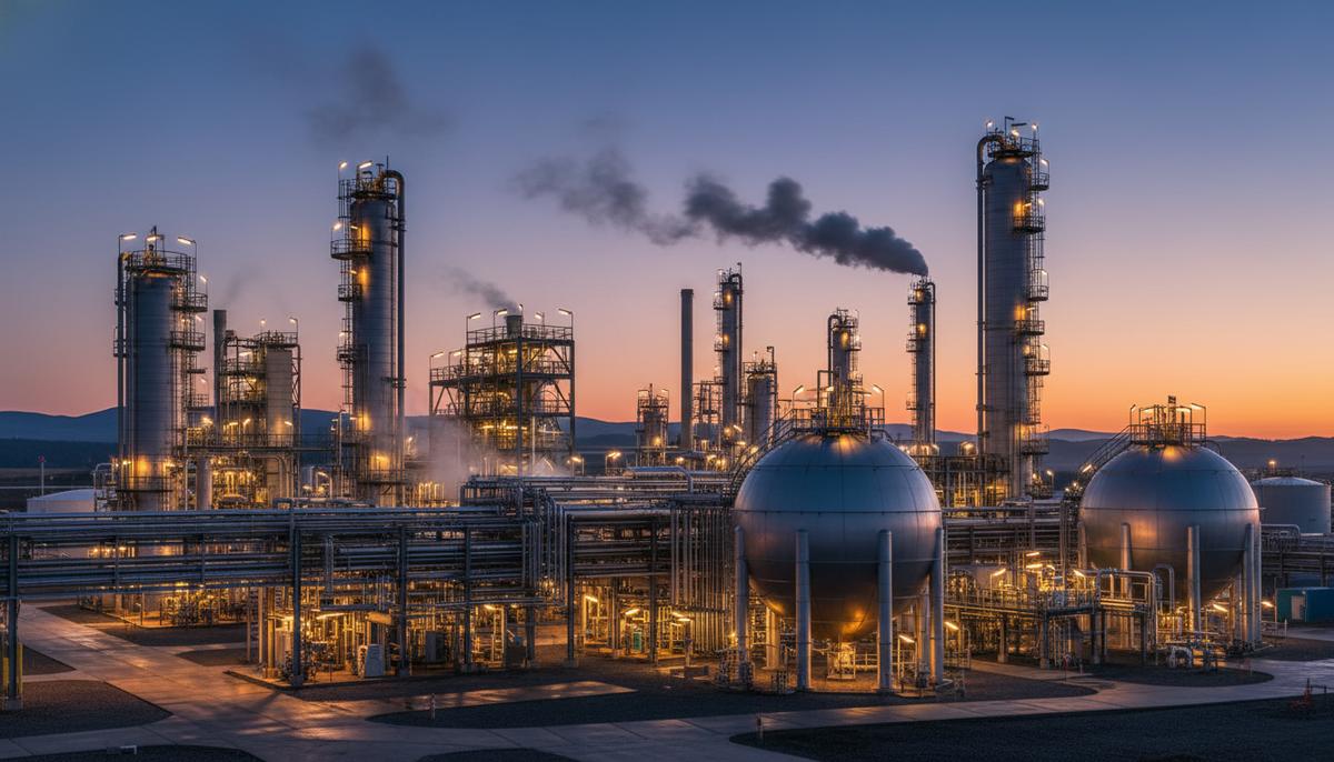 Британия выделит £9 млн на поддержку завода в Моссморане после его закрытия Промышленный пейзаж нефтехимического завода Моссморан в Шотландии: трубы, резервуары и перегонные башни на закате.