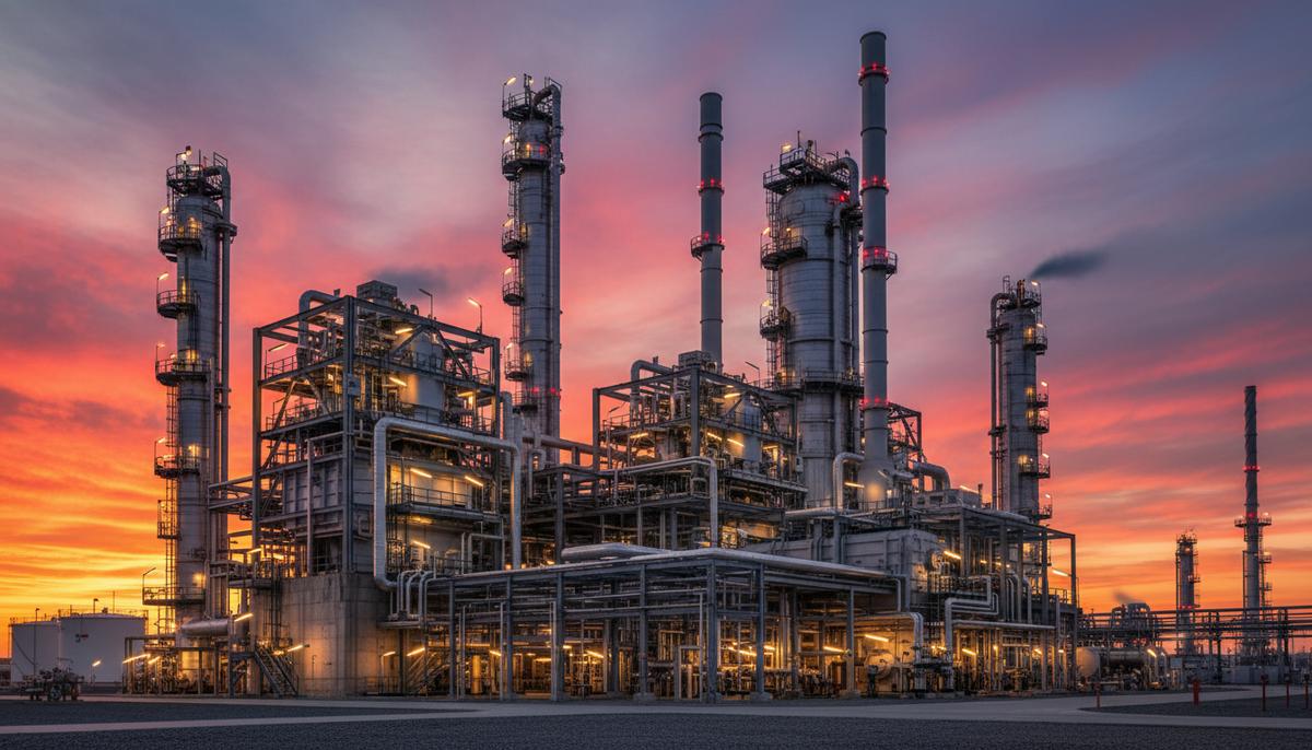 Установка каталитического крекинга на современном нефтеперерабатывающем заводе на закате. Сложная система труб, реакторов и стальных конструкций.