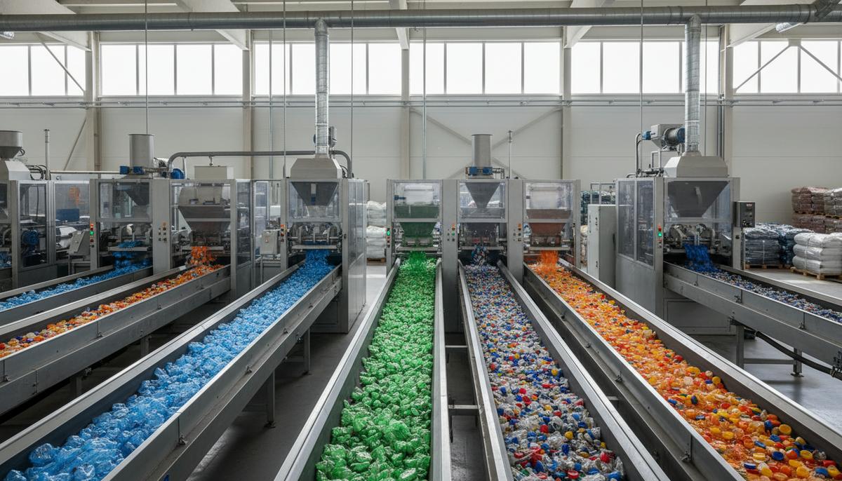 Просторный и чистый цех современного завода по переработке пластика с конвейерными лентами, по которым движутся пластиковые отходы.