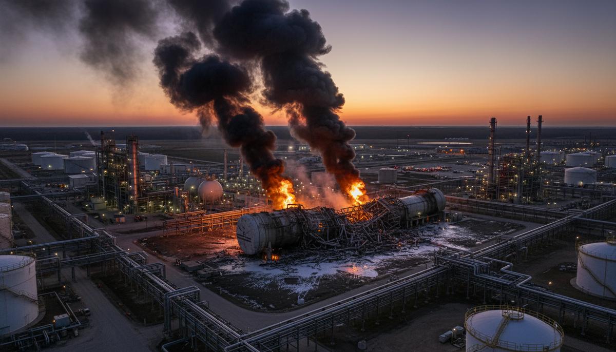 Поврежденный завод по сжижению природного газа на закате, из разрушенного промышленного блока идет густой дым на фоне сети трубопроводов.