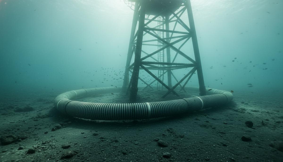 Композитный трубопровод для добычи нефти лежит на песчаном морском дне рядом с опорой глубоководной платформы.