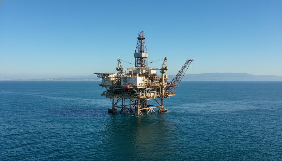Морская нефтегазовая платформа «Гильда» в Тихом океане на фоне ясного неба у побережья Калифорнии.
