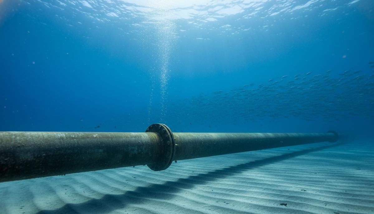 Подводный трубопровод для транспортировки водорода лежит на песчаном морском дне. Сквозь толщу воды пробиваются лучи солнца.