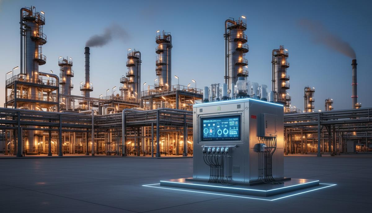 Современный нефтеперерабатывающий завод в сумерках с освещенными трубами и технологической станцией мониторинга выбросов на переднем плане.