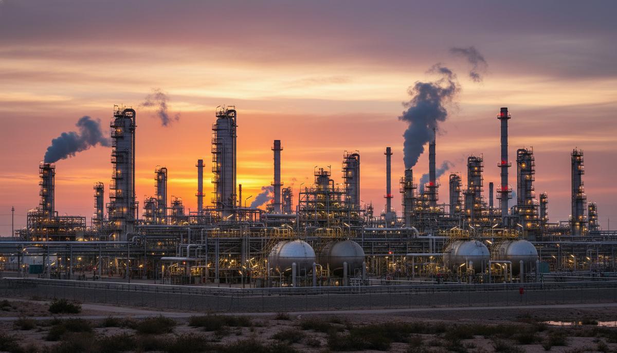В США ожидают роста цен на топливо из-за рекордных норм по биотопливу Крупный нефтеперерабатывающий завод на закате, вид на промышленные установки, трубы и резервуары для хранения топлива.