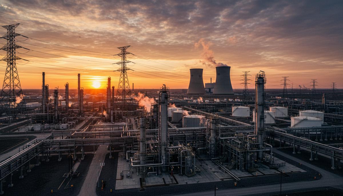 TotalEnergies обеспечит заводы во Франции атомной энергией от EDF Промышленный комплекс нефтеперерабатывающего завода, соединенный линиями электропередач с атомной электростанцией на горизонте на рассвете.