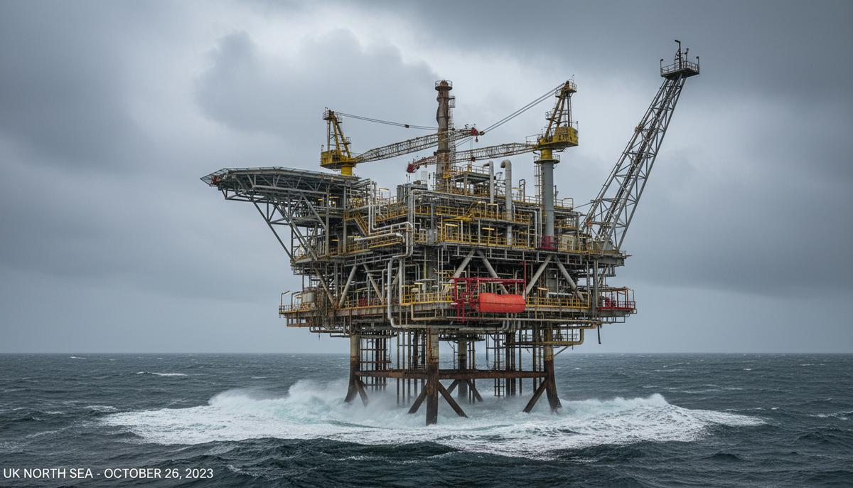 TotalEnergies создает крупнейшего независимого производителя в Северном море Морская нефтегазовая платформа для добычи углеводородов в Северном море в пасмурную погоду.