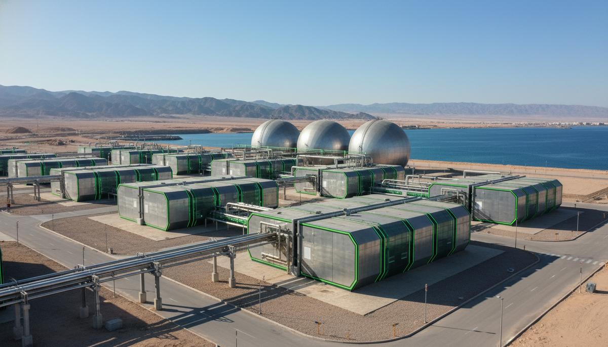 Topsoe и Hynfra начинают проектирование завода зеленого аммиака в Иордании Современный завод по производству зеленого аммиака с модульными установками и резервуарами в порту Акаба на фоне пустынных гор Иордании.