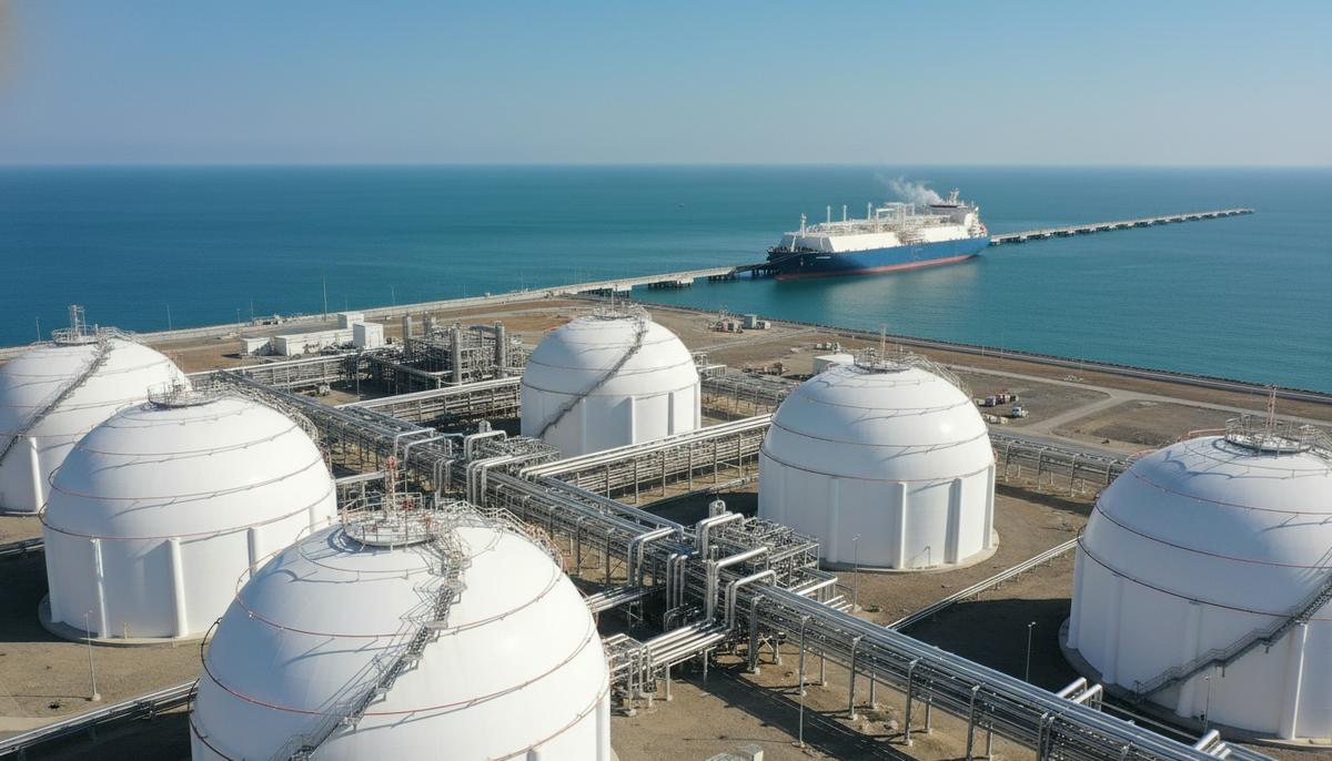 Крупный морской терминал по экспорту СУГ с белыми сферическими резервуарами, трубопроводами и танкером-газовозом у причала.