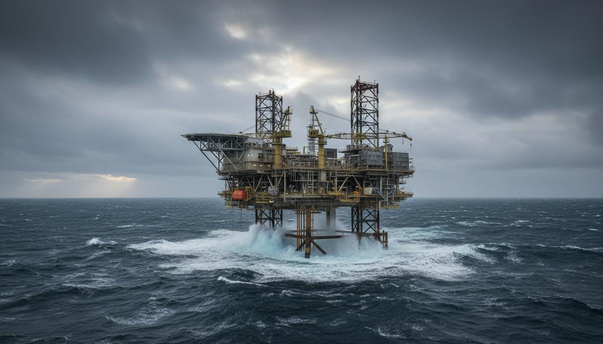 Зависимость Британии от СПГ из США к 2035 году может превысить 60% Морская нефтегазовая платформа в бурных серых водах Северного моря на фоне драматичного пасмурного неба, волны бьются о ее опоры.