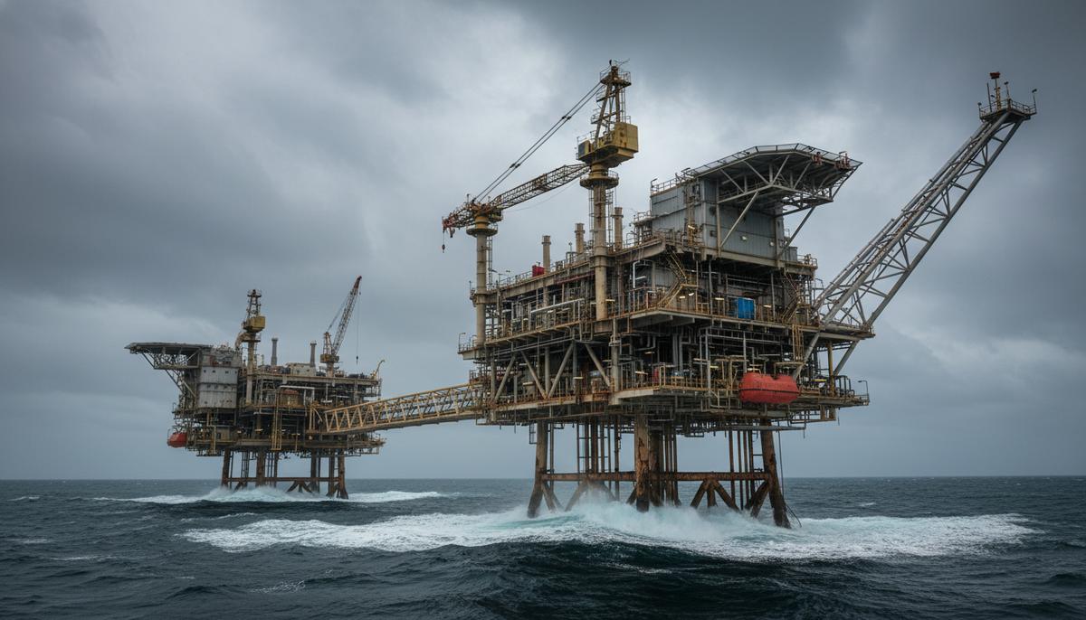 Запрет на добычу в Северном море грозит Британии зависимостью от СПГ из США Морская нефтегазовая платформа для добычи углеводородов в штормовых водах Северного моря под пасмурным небом.