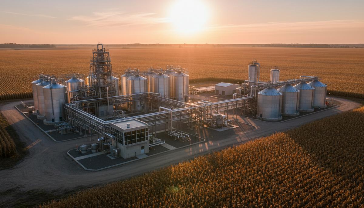 Современный завод по производству этанола с серебристыми силосами и трубопроводами посреди бескрайних кукурузных полей.