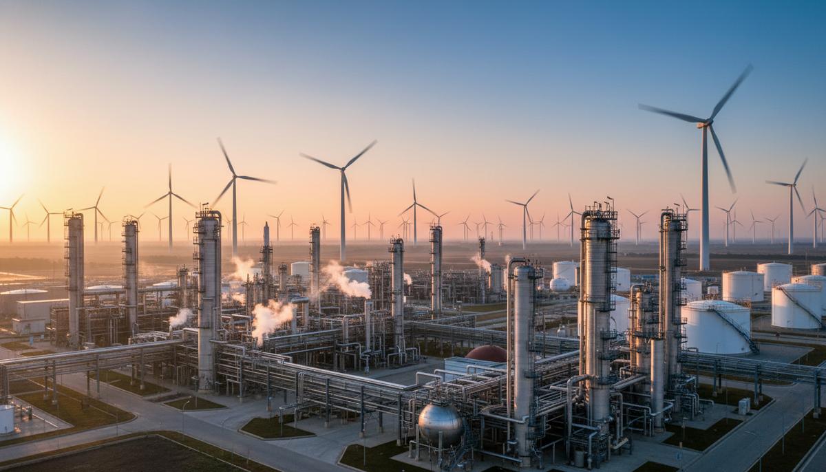 Современный нефтехимический завод с трубами и резервуарами на фоне ветряных турбин на рассвете.