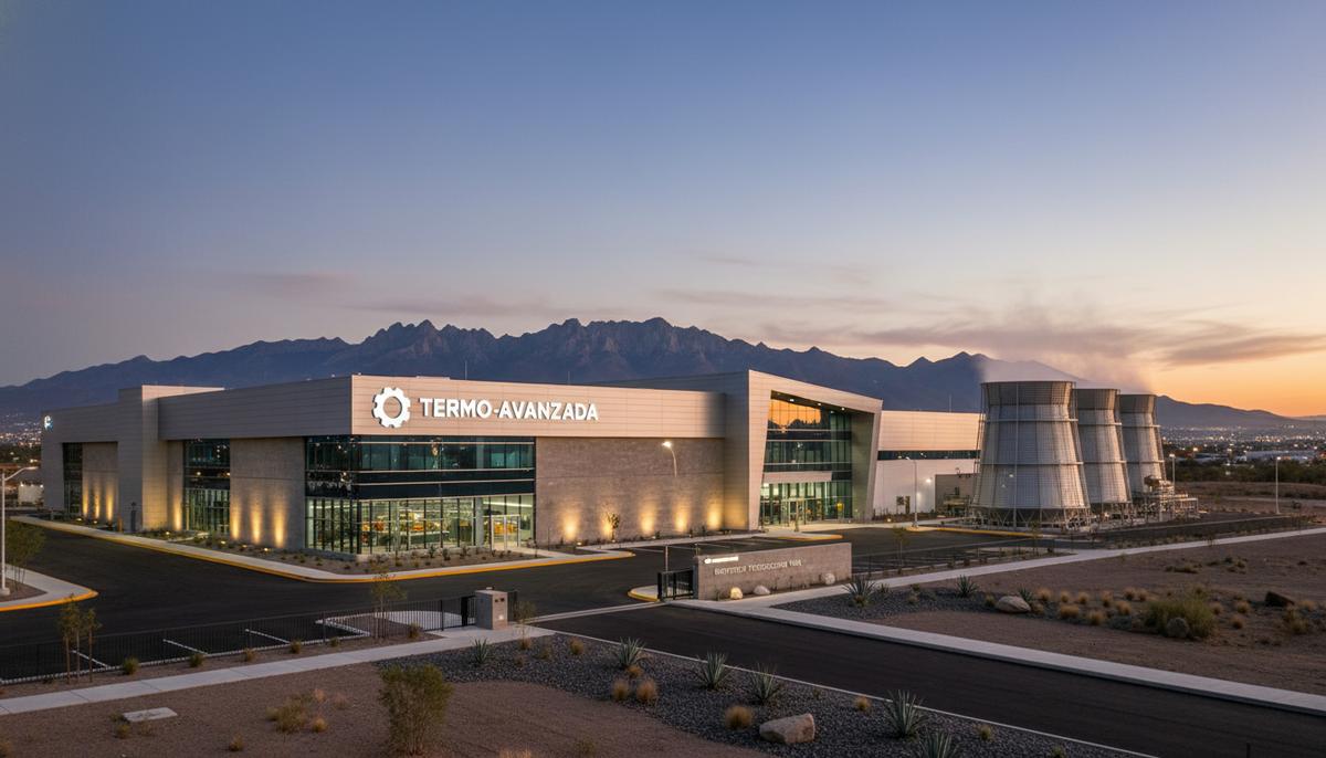 Новый завод термической обработки Bodycote в мексиканском индустриальном парке на фоне горной местности в вечернее время.