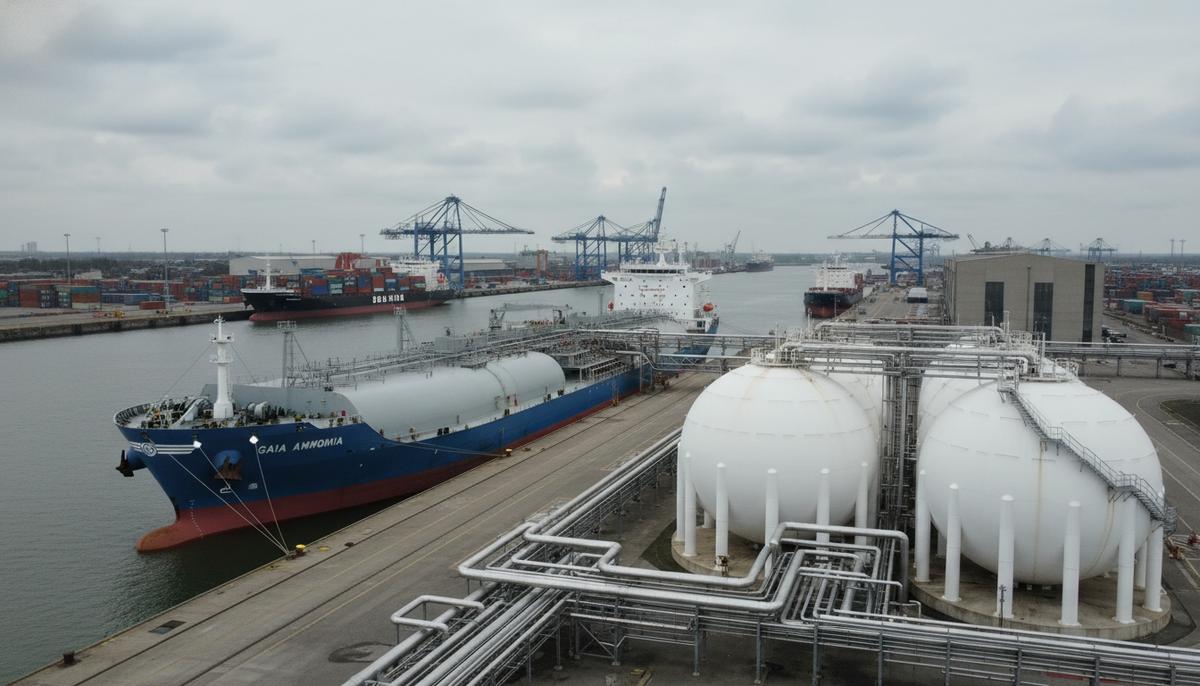 Крупные белые резервуары для хранения аммиака, трубопроводы и танкер у причала в промышленном порту Роттердама.