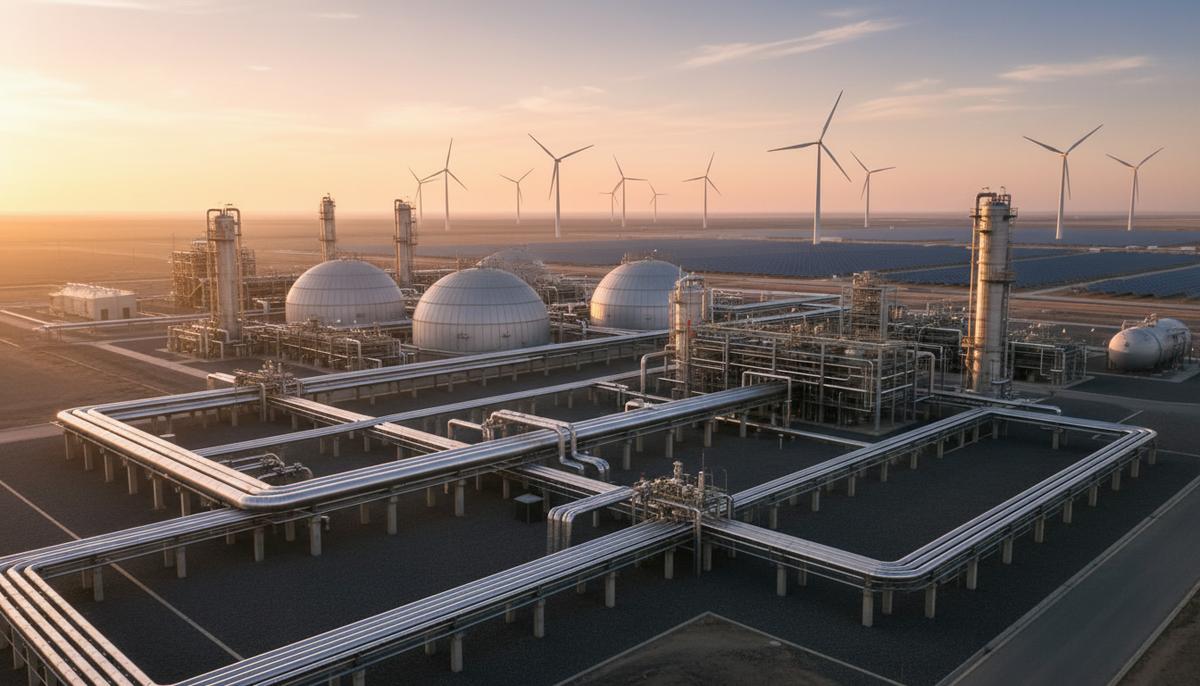 Современный газоперерабатывающий комплекс с трубопроводами и резервуарами на рассвете, на фоне видны ветряные турбины.