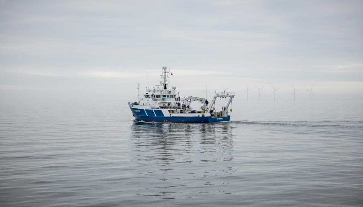 DroneQ и Mark Offshore оснастят судно R/V Mintis для подводных работ Исследовательское судно R/V Mintis в море, оснащенное кранами и оборудованием для подводных и геофизических работ.