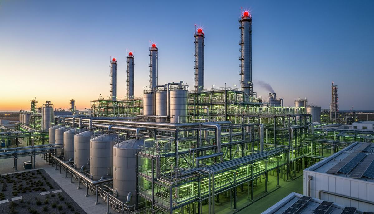 ЕИБ выделит Eni €500 млн на переоборудование НПЗ в биореактор в Италии Промышленный комплекс современного биоперерабатывающего завода с резервуарами, трубопроводами и ректификационными колоннами на закате.