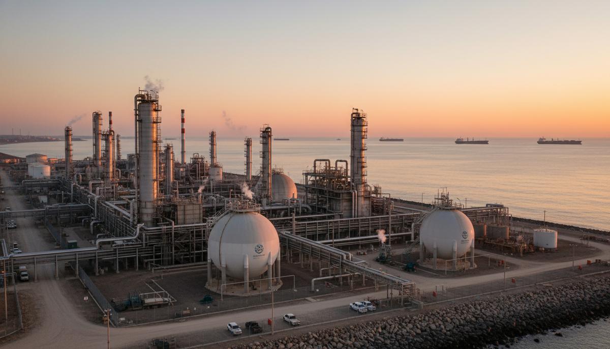 Огромный нефтеперерабатывающий завод на берегу океана на рассвете. Промышленные установки, трубы и большие резервуары для хранения.