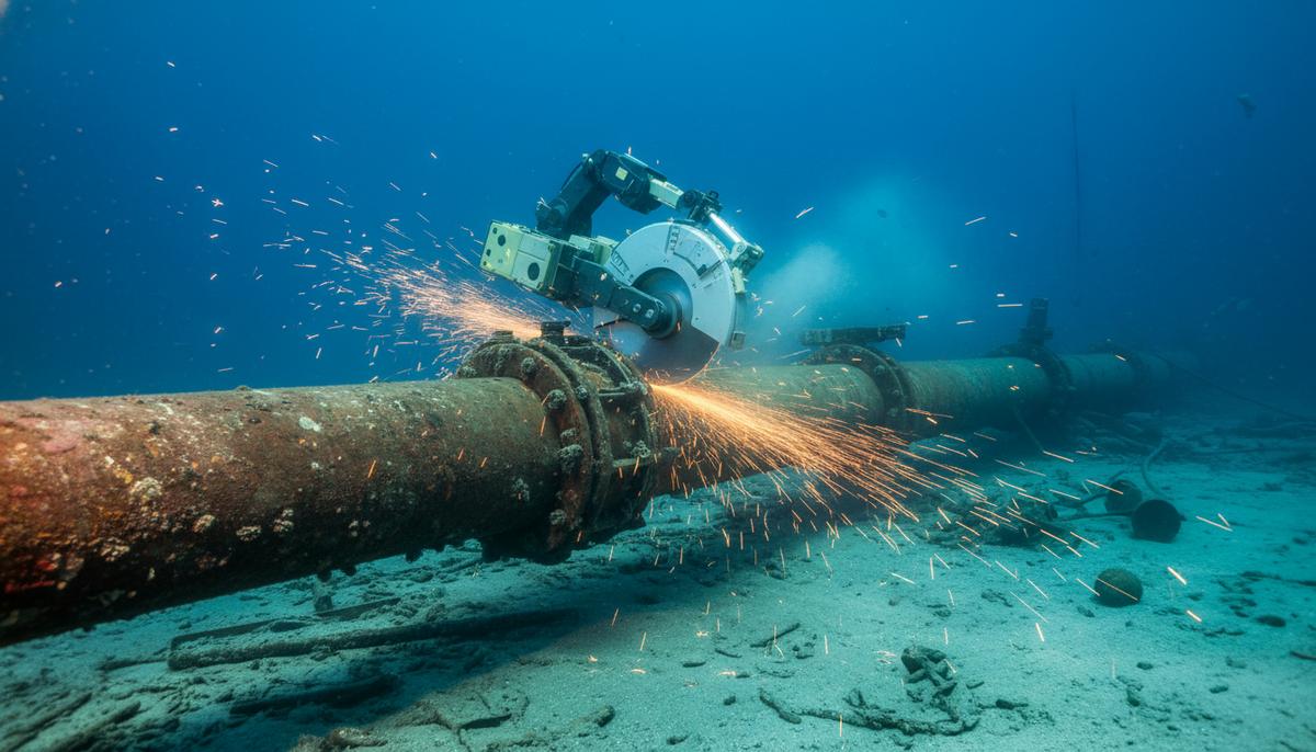 Британская Decom Engineering запатентовала технологию резки Chopsaw в США Роботизированная пила для подводной резки, закрепленная на толстой металлической трубе на морском дне во время работы.