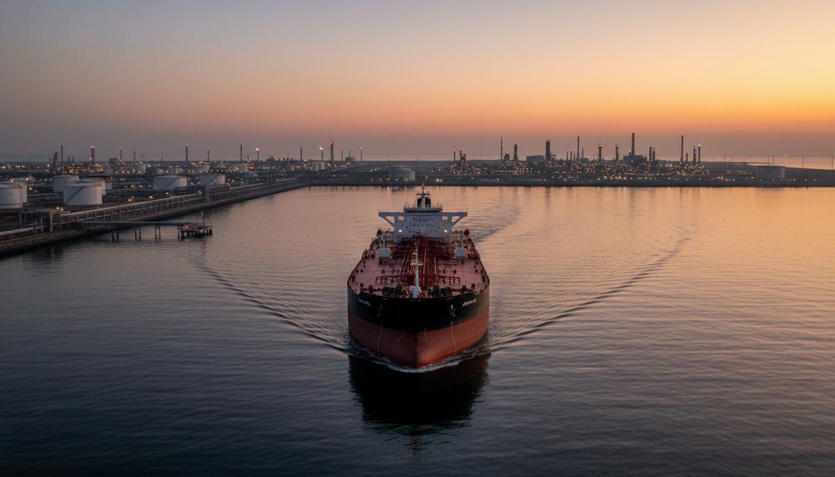 Импорт нефти США из Персидского залива: объемы, сорта и зависимость НПЗ Нефтяной танкер на подходе к прибрежному нефтеперерабатывающему заводу с резервуарами и трубопроводами на рассвете.