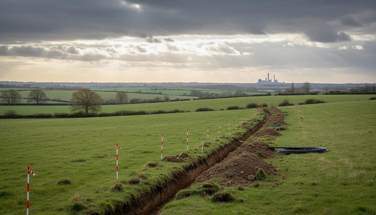Зеленые холмы Линкольншира с геодезическими метками и траншеей для прокладки трубопровода. На горизонте виден силуэт промышленной зоны.