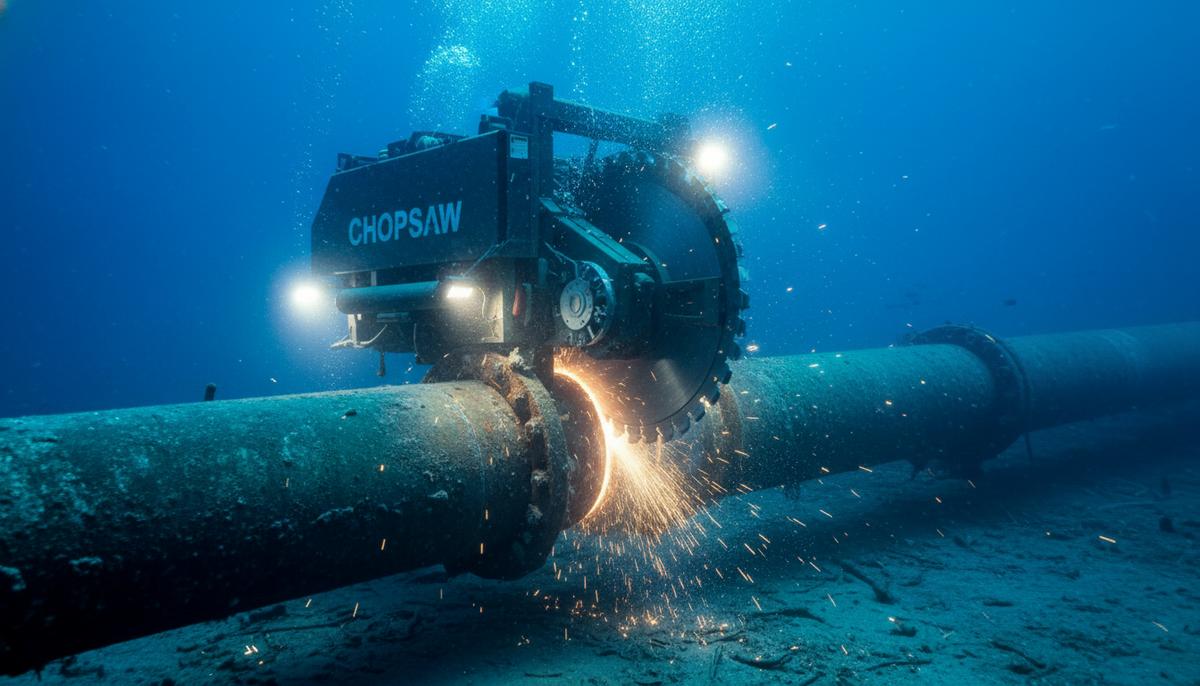 Decom запатентовала в США технологию подводной резки Chopsaw Промышленная пила для подводной резки Chopsaw, закрепленная на толстой трубе на морском дне в процессе работы.