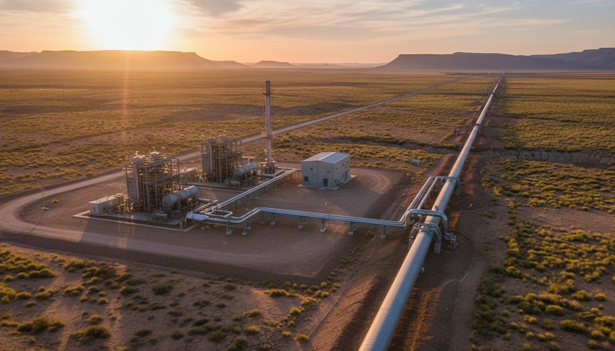 Современная газокомпрессорная станция и магистральный газопровод в засушливой степи Патагонии, Аргентина, на рассвете.