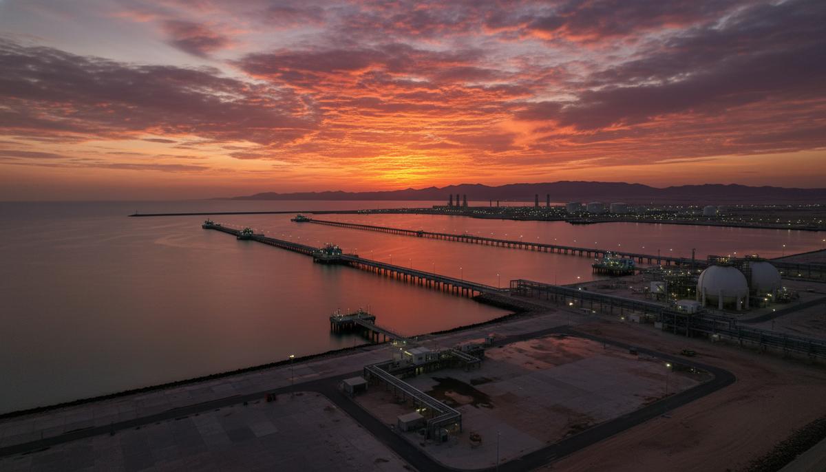 Современный СПГ-терминал на побережье, пустые причалы без танкеров на фоне драматичного закатного неба.