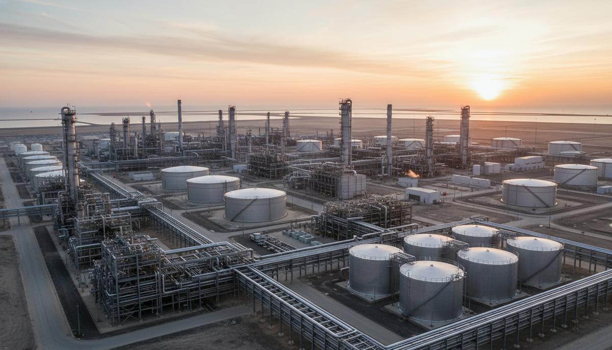 Современный нефтеперерабатывающий завод: стальные конструкции, трубы, перегонные колонны и резервуары на фоне рассвета.