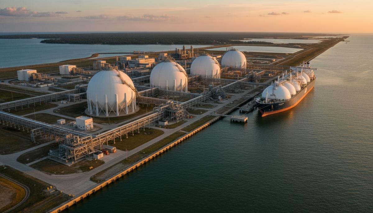 Терминал СПГ Elba Island в США: большие резервуары для хранения сжиженного газа, комплекс трубопроводов и танкер у причала.