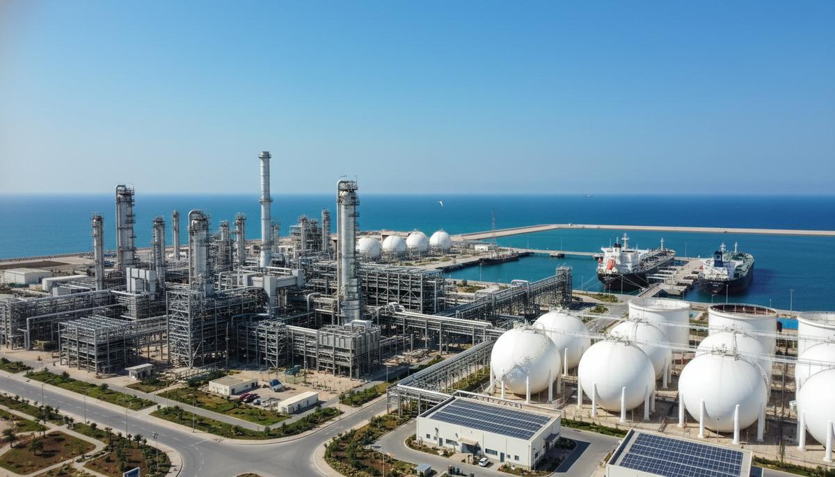 Современный нефтеперерабатывающий завод с перегонными колоннами и резервуарами для хранения на побережье морского порта.