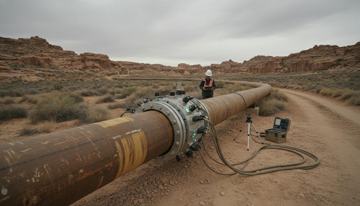 Крупный промышленный трубопровод с диагностическим оборудованием, установленным на одном из его участков, в полевых условиях.