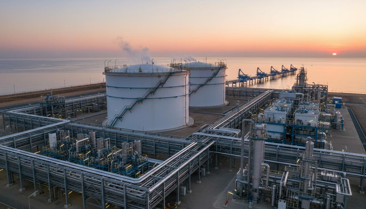 Вьетнамская PV GAS увеличила мощность СПГ-терминала Thi Vai Панорама СПГ-терминала на берегу моря: гигантские хранилища сжиженного газа и сложная сеть трубопроводов.