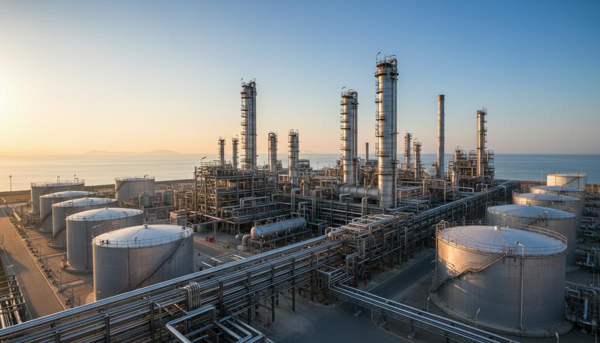Современный нефтехимический завод с комплексом труб, резервуарами и промышленными башнями на берегу моря на рассвете.