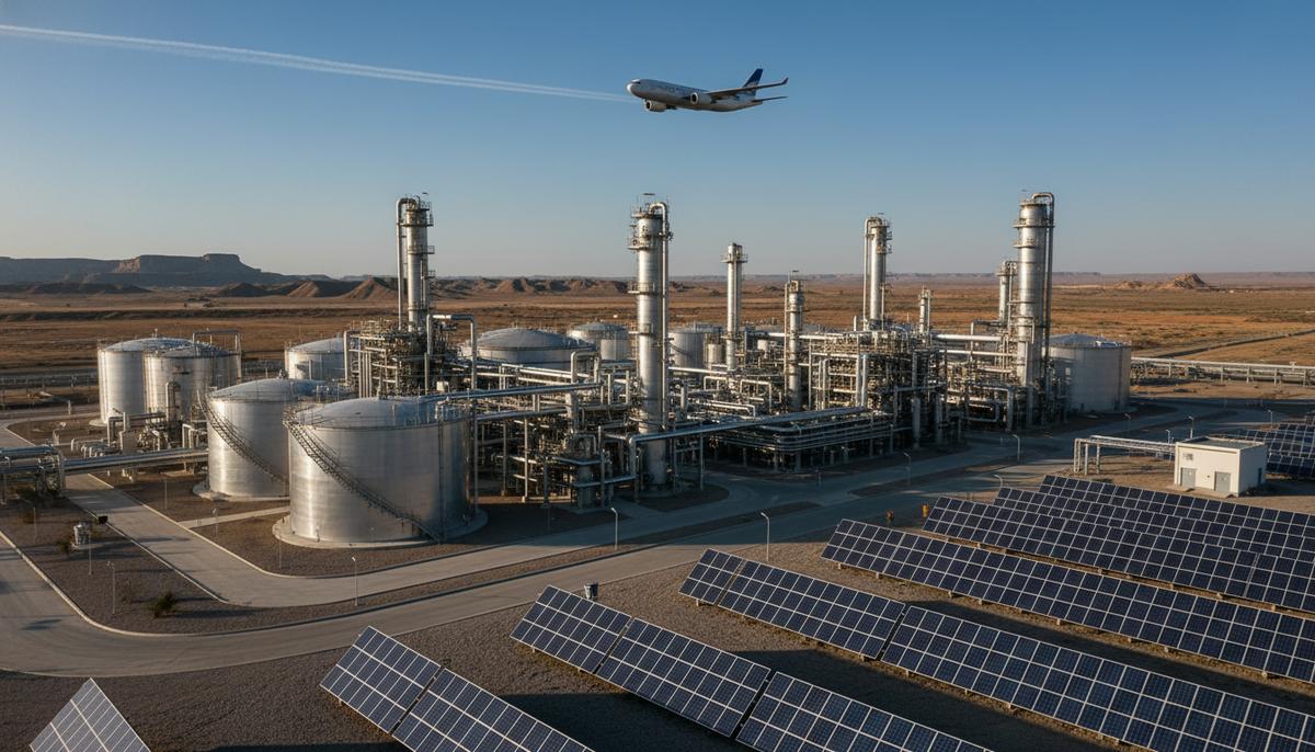 Allied Biofuels запустит производство «зеленого» авиатоплива в Узбекистане Современный завод по производству экологичного авиатоплива с блестящими резервуарами и солнечными панелями в степном пейзаже Центральной Азии.