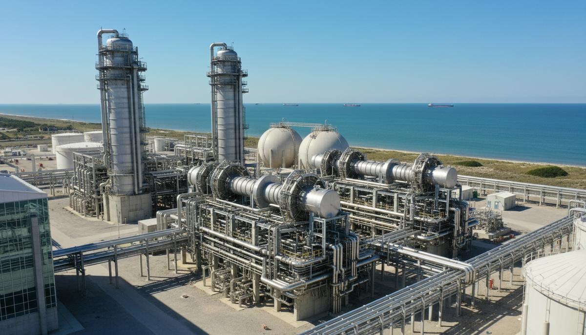 Современный завод по сжижению природного газа на побережье. Вид на промышленные установки, теплообменники и резервуары для хранения СПГ.