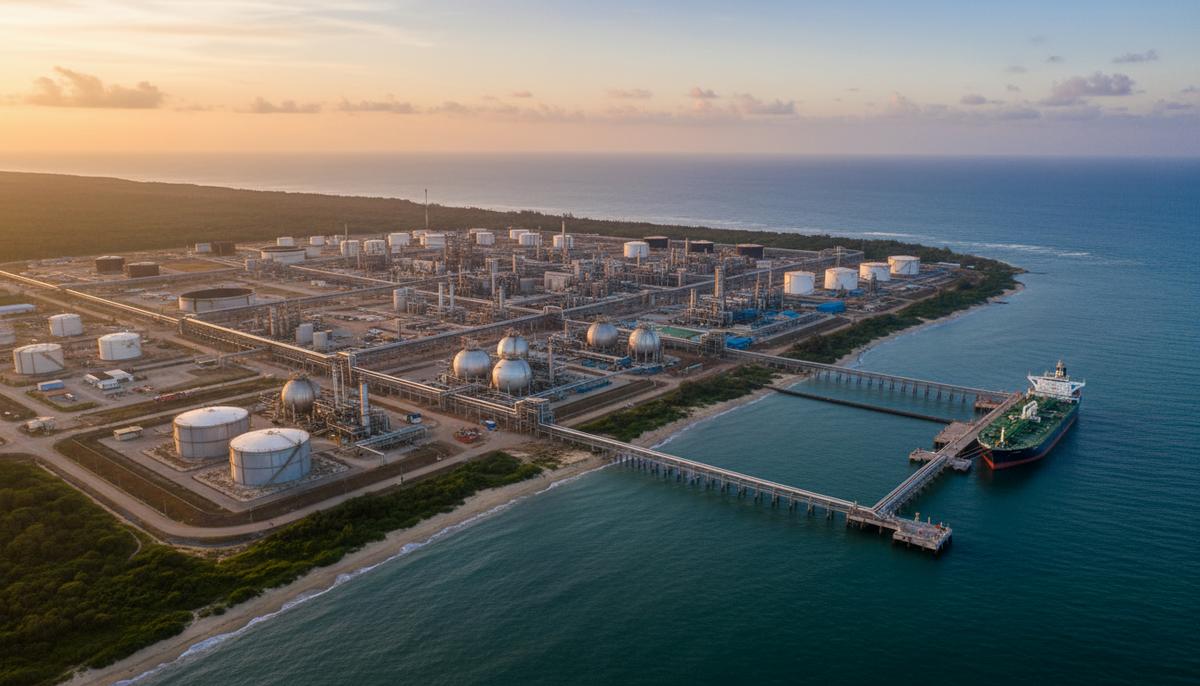 Вид с воздуха на нефтеперерабатывающий завод, резервуары для хранения и морской причал на побережье Габона.