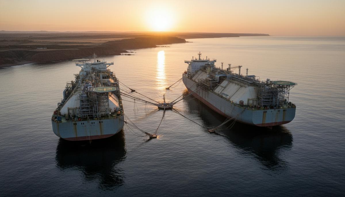 В Аргентине построят инфраструктуру для двух плавучих СПГ-заводов Два плавучих завода СПГ, пришвартованных в заливе Гольфо-Сан-Матиас в Аргентине на рассвете.