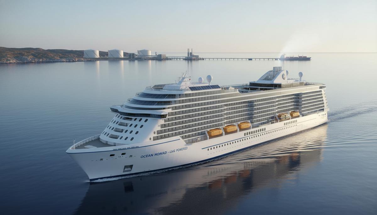 Современный круизный лайнер на СПГ в море на рассвете, на заднем плане виден береговой терминал сжиженного природного газа.
