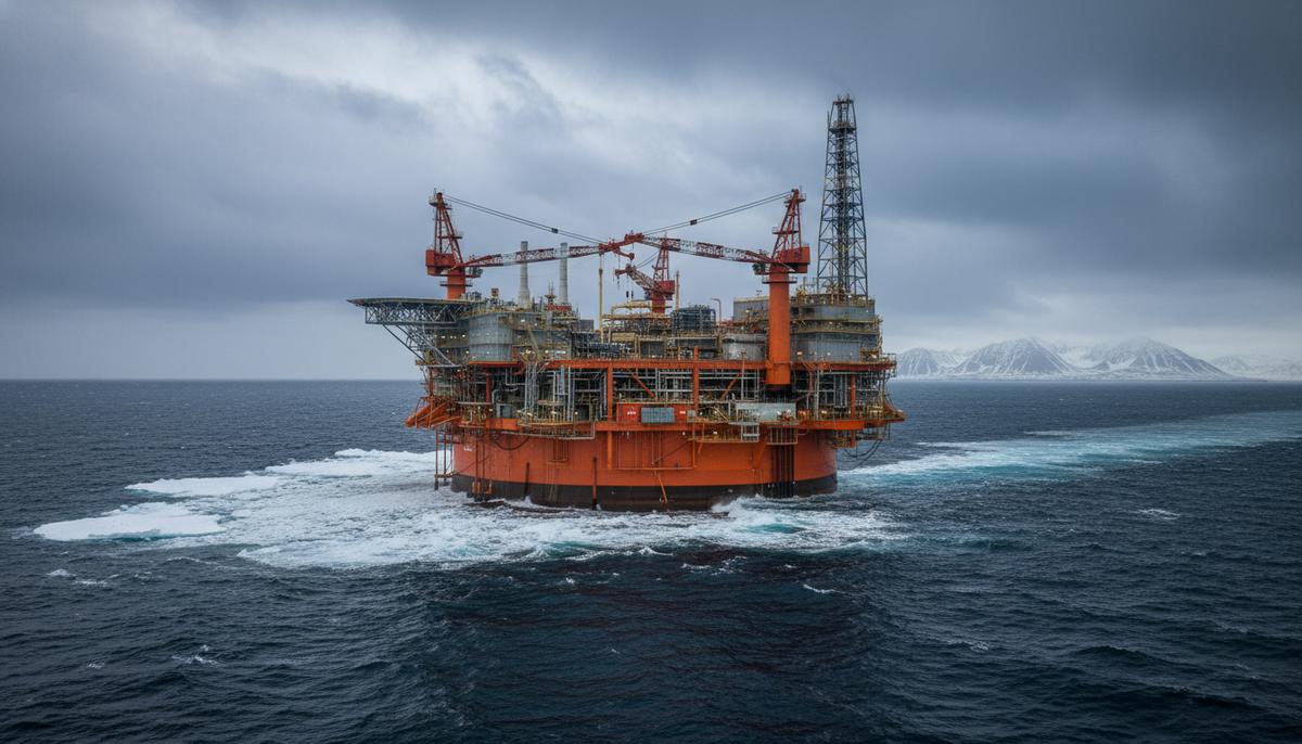 Плавучая установка для добычи, хранения и отгрузки нефти (FPSO) Голиаф в суровых арктических водах Баренцева моря.