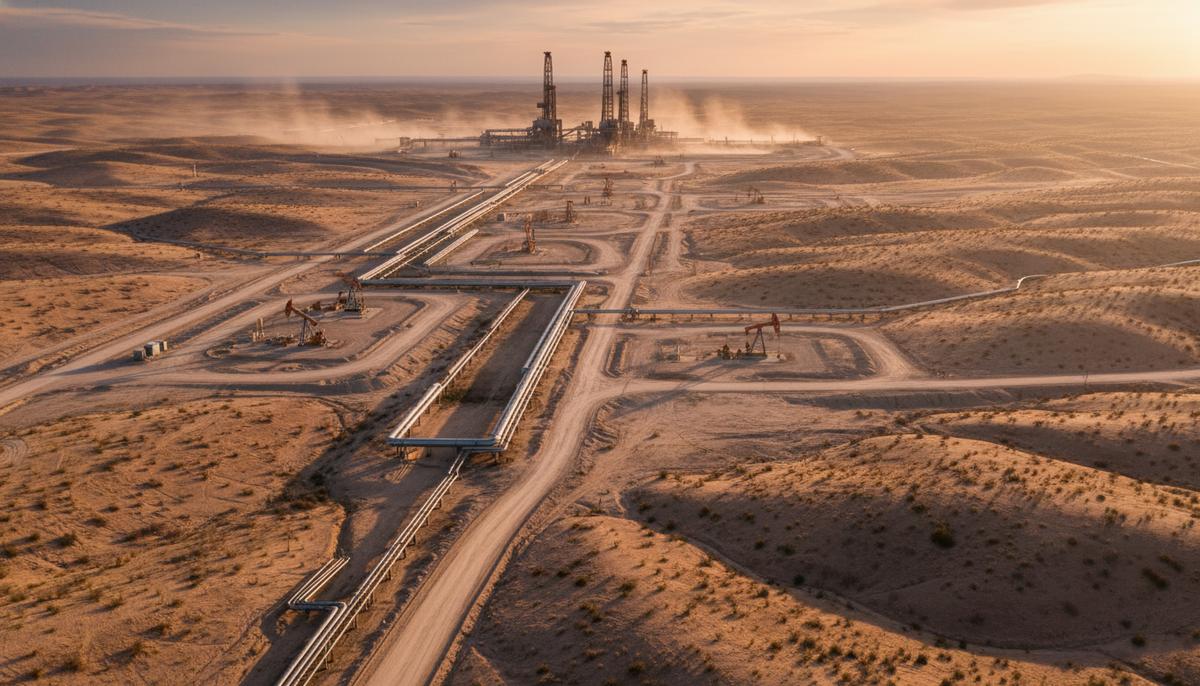 Месторождение сланцевого газа: буровые вышки и трубопроводы в обширной пустынной долине на закате.